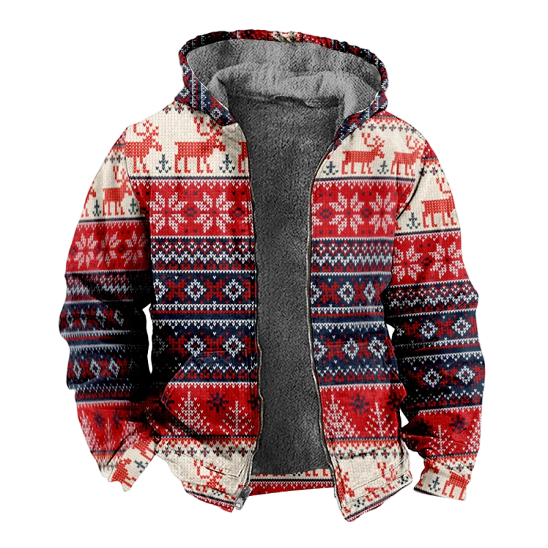 Christmas Creative Cotton Coat Hooded Sweater Casual Print Men's Fur Loop Arctic Velvet Zipper Patch Pocket Hooded Sweater a09