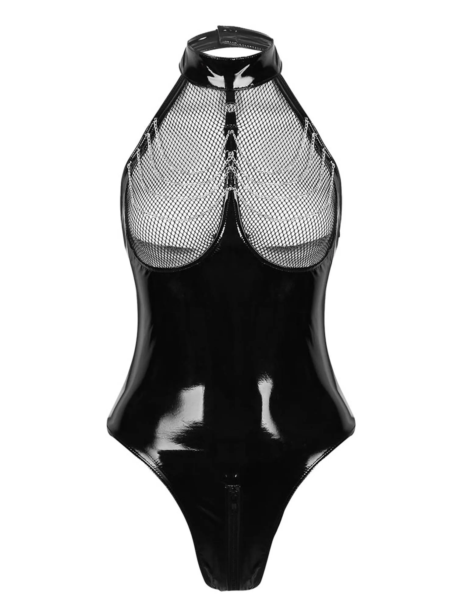Womens Bunny Sexy Cosplay Costume Patent Leather Mesh Chest Zipper Crotch Bodysuit with Rabbit Ears Headband Bowtie Collar Cuffs