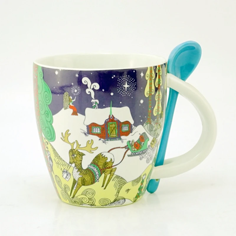 

High quality Christmas Winter Reindeer design custom logo porcelain coffee ceramic cup and spoon gift