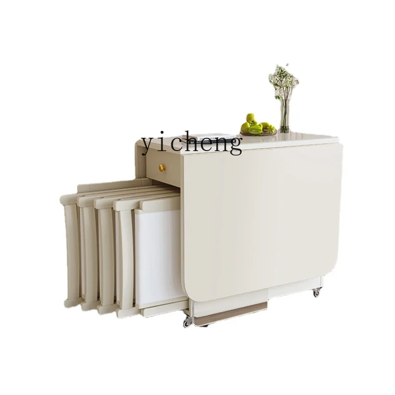 

Zf Light Luxury Cream Style Stone Plate Dining Tables and Chairs Set Retractable Small Apartment Home Folding