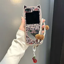 Charming 3D Cat Ear Love Mirror Case with Lanyard and Ballet Shoes Bow Back Cover - Galaxy Z Flip5 (Leopard(With Chain))