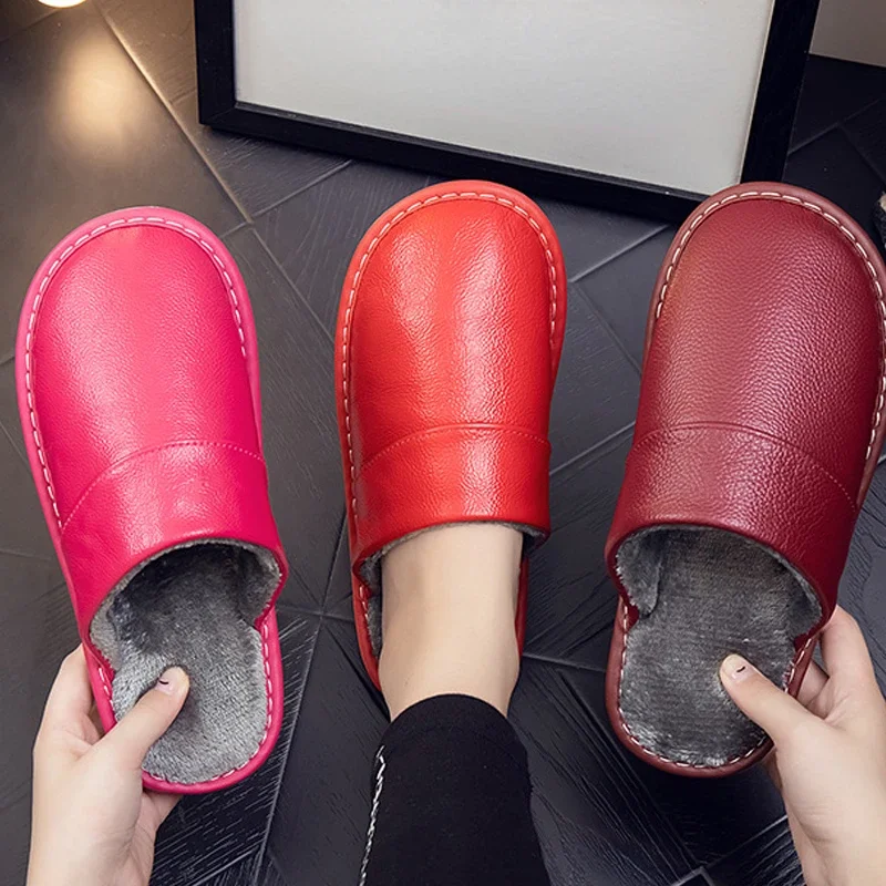 Genuine Leather Thermal Insulation for Home Use Cowhide Cotton Slippers Autumn Winter Men Women's Indoor Anti-skid Waterproof