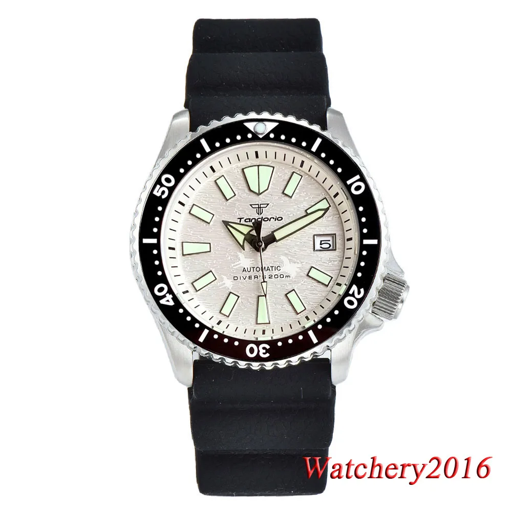 Tandorio White Dial Japan NH35A Automatic mechanical Dive Watch For Men Date Window Sapphire Crystal Steel Bracelet Rubber