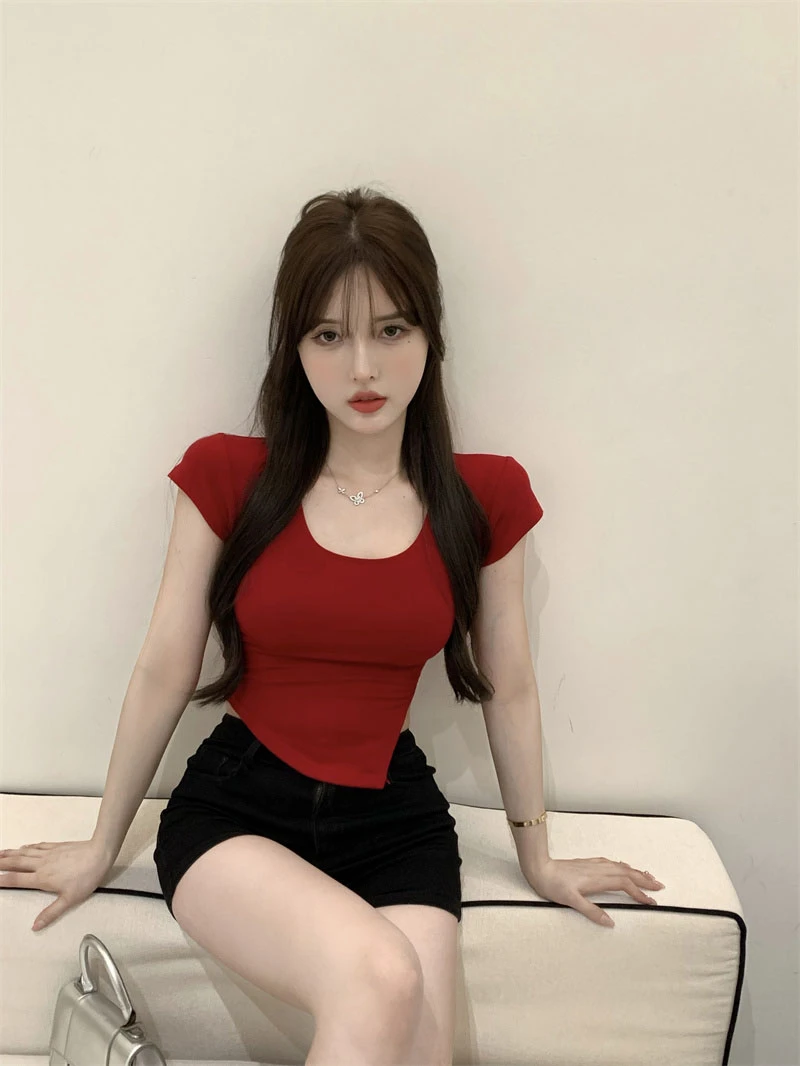 Summer Korean Fashion Y2K T-shirt Woman Japane Crop Top U-neck Split Sexy Red Pink White Tee Shirt Women Vintage767_voghion.com