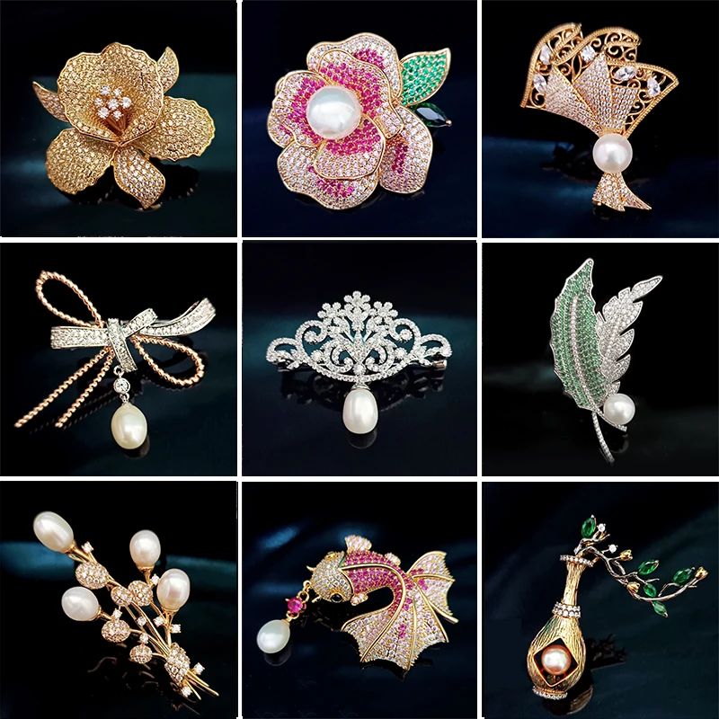 

Luxury Zircon Corsage Elegant Orchid Rose Brooches Leaf Vase Fish Bowknot Freshwater Pearl Pin and Brooch for Woman Accessories