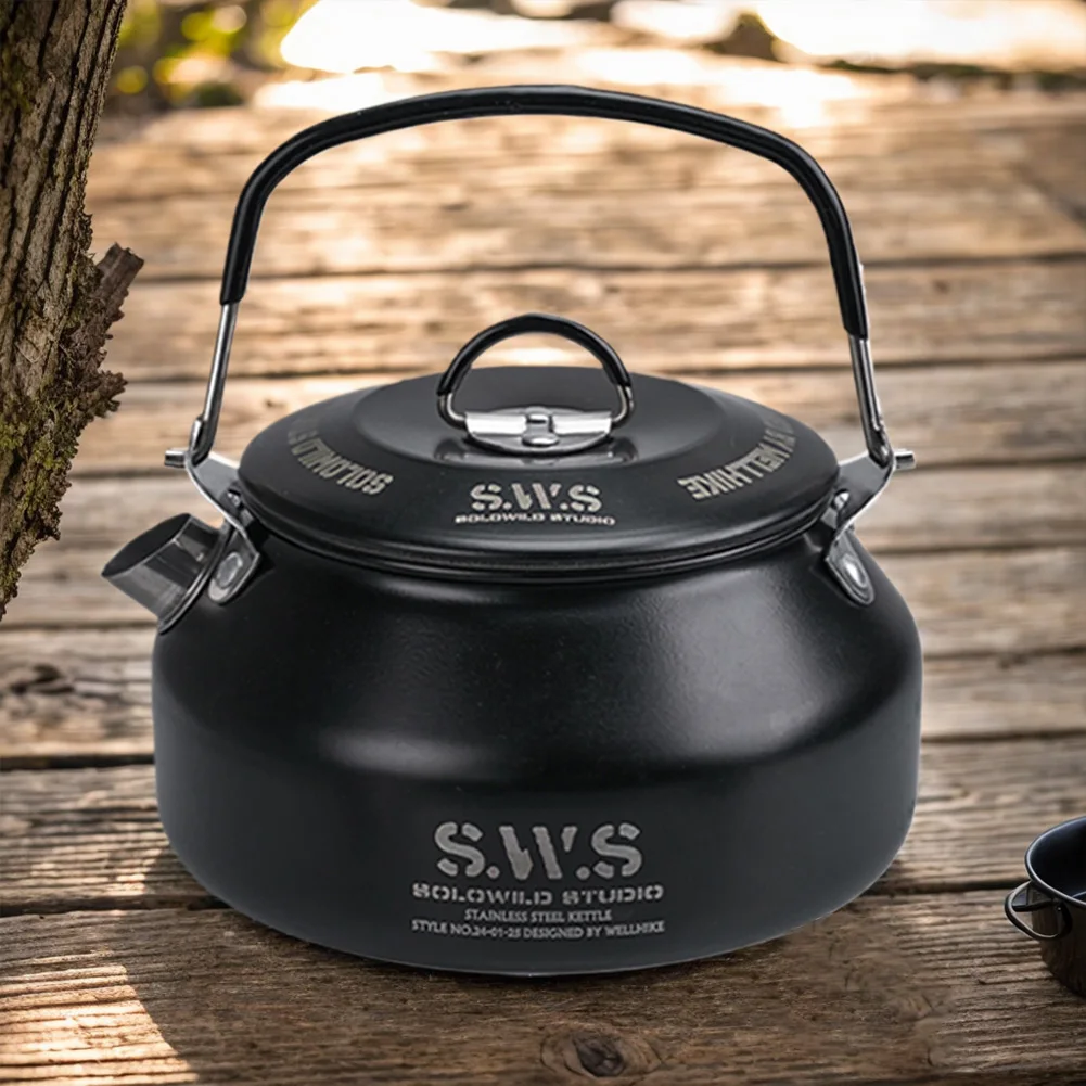 1L Outdoor Camping Kettle with Handle 304 Stainless Steel Water Kettle Lightweight Coffee Pot Tourist Cookware Supplies