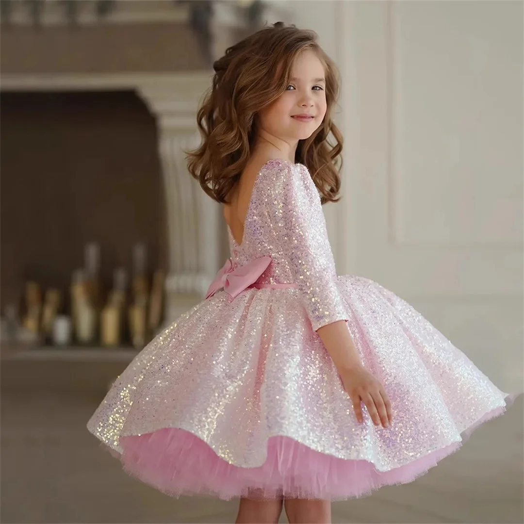 

Glitter Pink Girl Dress Knee Length Princess Dres Flower Girl Dresses Cute Baby Girl Dress Girl Birthday Party Dresses