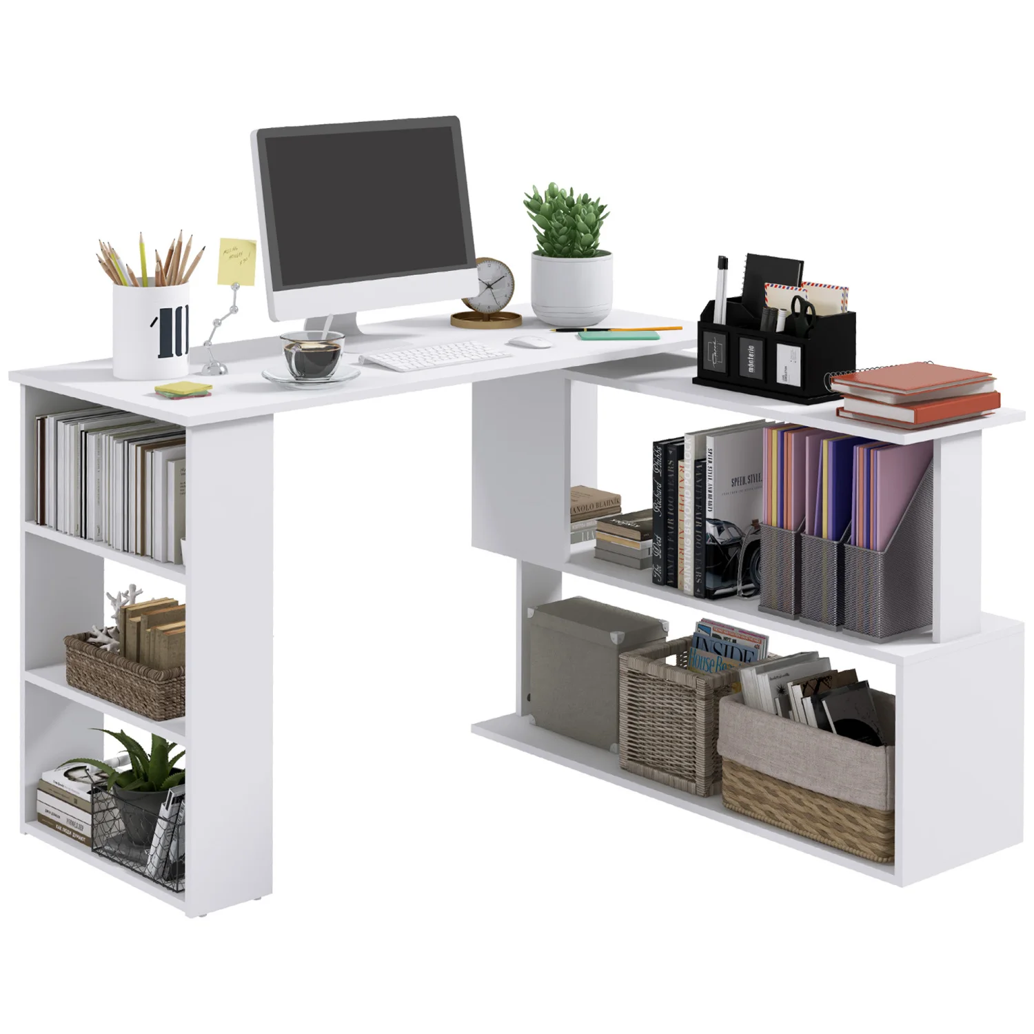 

White Modern L Shaped Corner Desk with 360 Degree Rotating Feature and Storage Shelves for Home Office, Stylish Writing Table Wo