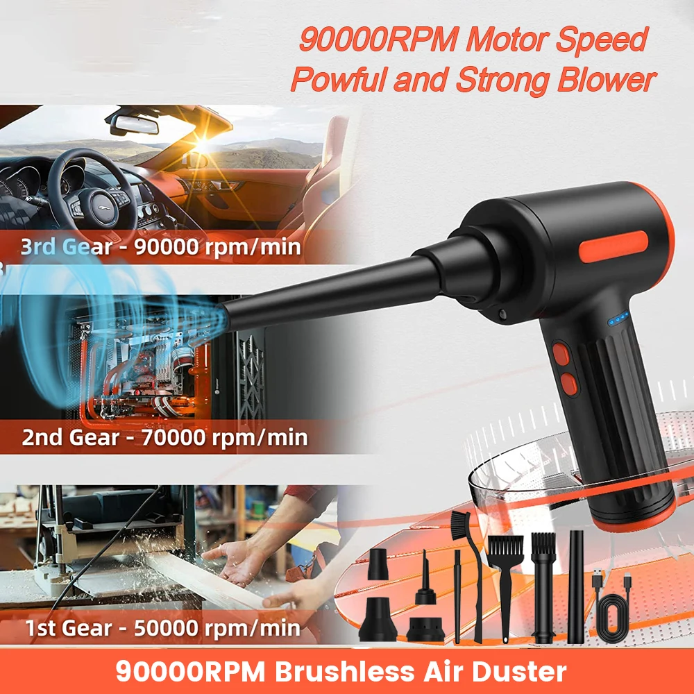 90000RPM Brushless Air Duster Blower Motor Cordless 90W Electric Wireless Gel Gun Cleaner for PC Computer Keyboard Car Laptop