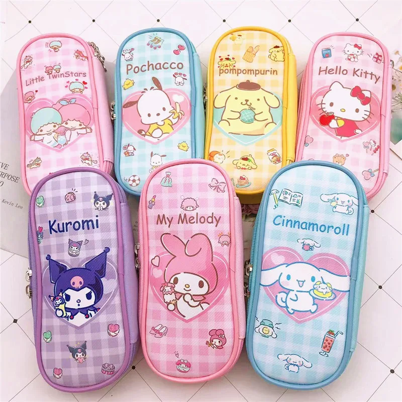 

Cartoon Sanrio Kuromi Pompom Purin Stationery Box Cute PU Double Zipper Large Capacity Girls Student Pencil Bag Pencil Box