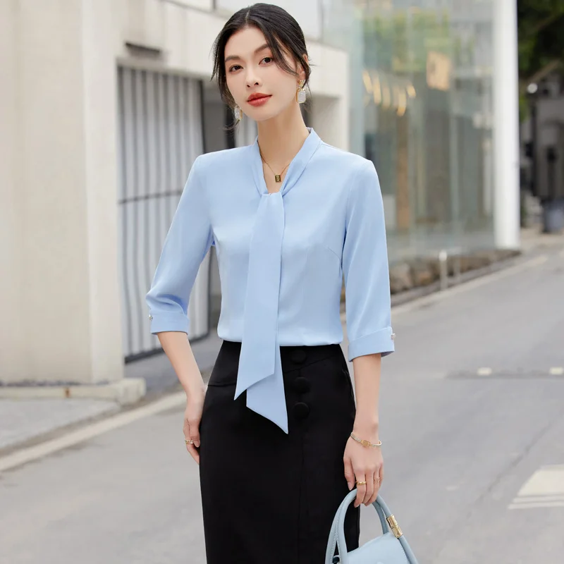 NAVIU Formal Women Blouses Blue Half Sleeve Office Fashion Ladies