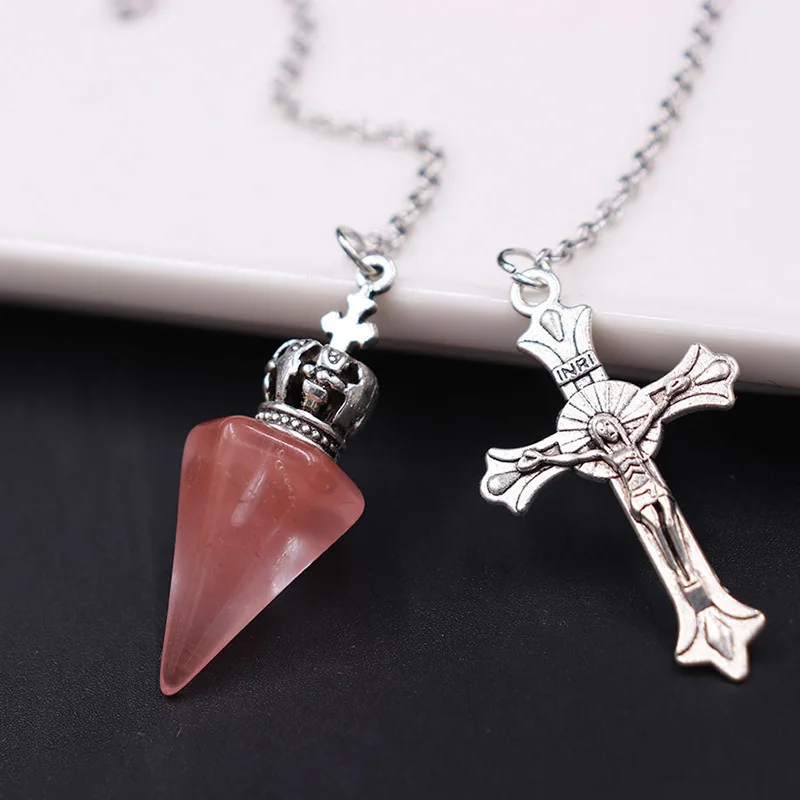 

Natural Stone Tapered Crown Pendant Pendulum For Reiki Wicca Cross Dowsing Balancing Spiritual Crystal Pendulums Necklace