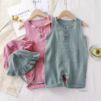 Set Baby Summer Clothing Solid Newborn Infant Romper With Hat Muslin Cotton Sleeveless Baby Boys Girls Jumpsuit Outfits