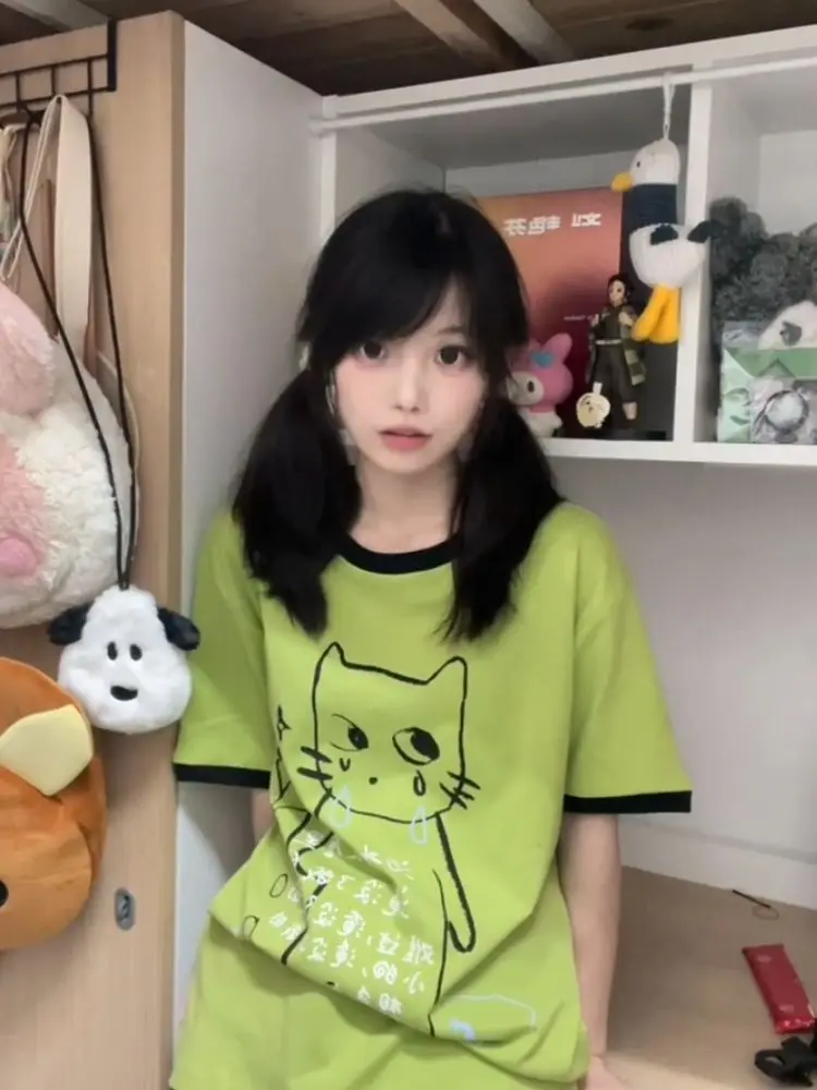HOUZHOU Y2k Aesthetics Green Cat Juminocore Women T-Shirts Harajuku Cutecore Short Sleeve Japanese Style Tees Oversized Casual 4