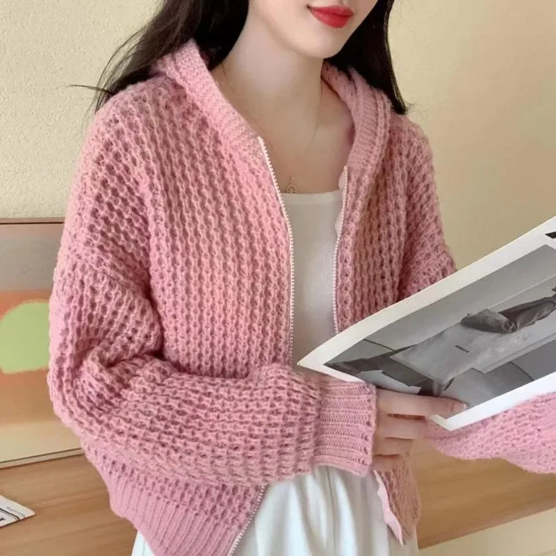 Autumn and Winter Women's Hooded Patchwork Hollow Out Zipper Solid Color Loose Fashion Casual Elegant Commuter Long Sleeve Coat