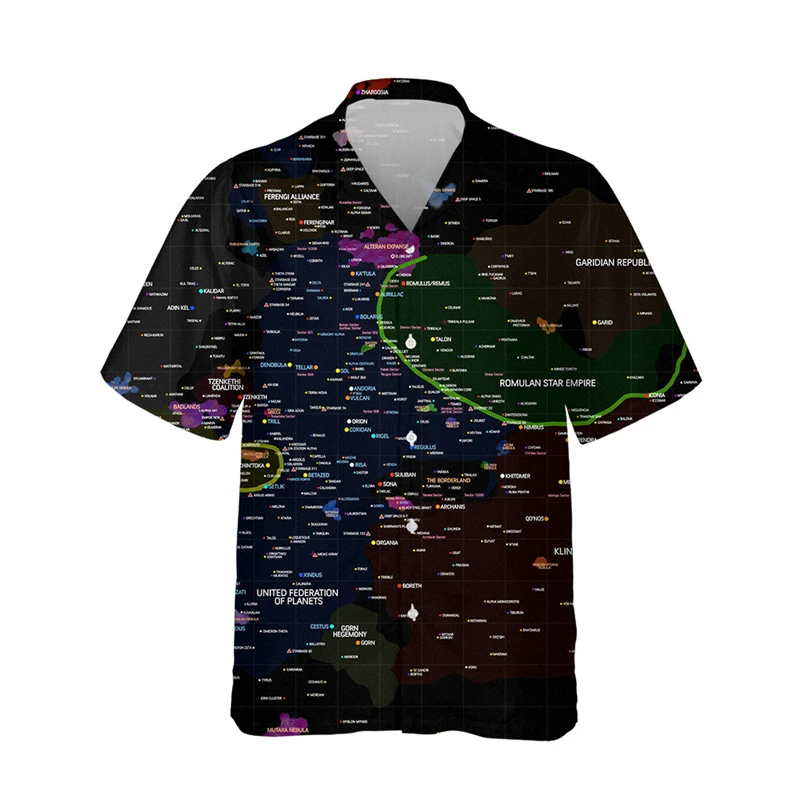 thumbnail image 1 of Camisa de moda para hombre con estampado 3D de mapa y brújula, solapa con botones, manga corta, diseño personalizado, camisetas cómodas, 1 of 5