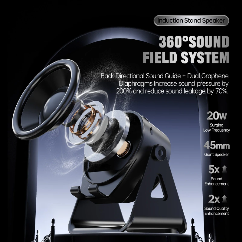 360 Degree Rotating 3 in 1 Multifunctional Phone Stand BT Audio Speaker with RGB Color Light Wireless Induction Charging Holder