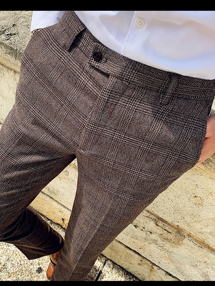 Classic Plaid and Striped Fashion Men's Casual Business Slim Suit Pants Groom Wedding Dress Trousers Party business pants,suit pants,men pants