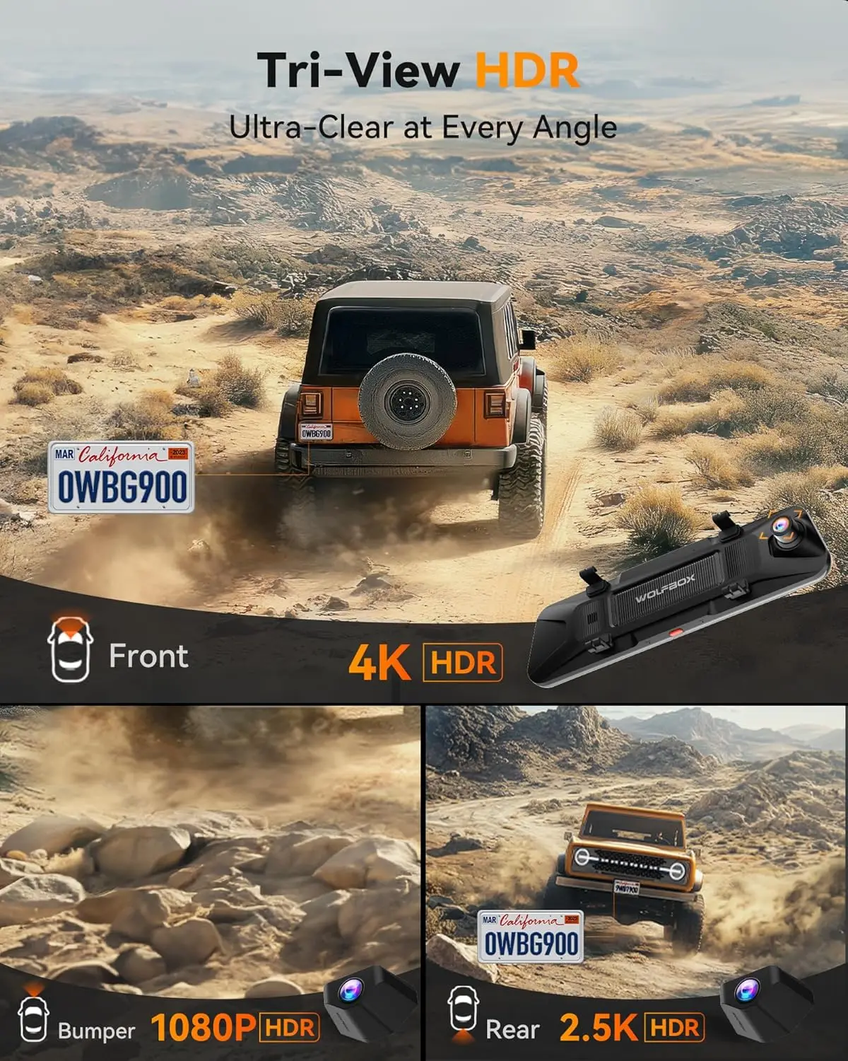 WOLFBOX G900 Tripro バンパー版 3チャンネル 4K バックミラー型