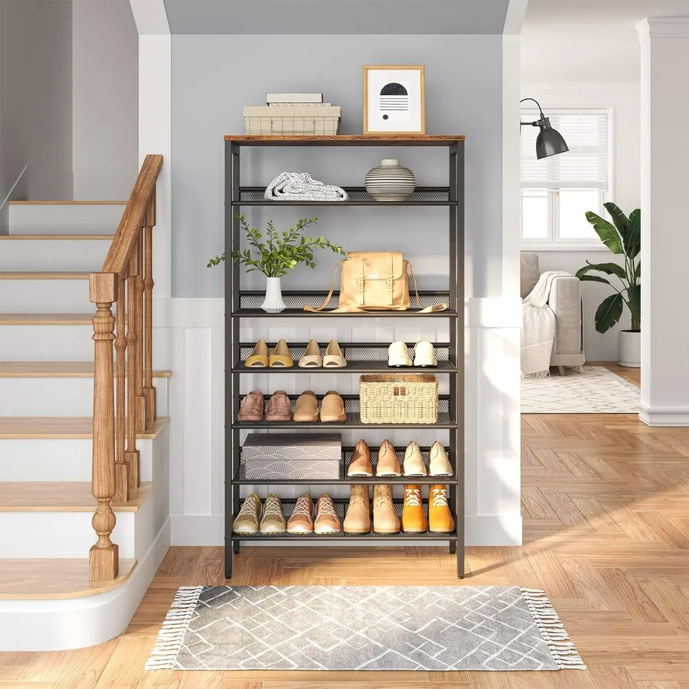 

Стойка-органайзер для обуви 8-уровневая, металлическая полка большой емкости, прочная верхняя полка для хранения обуви, для 21-28 пар обуви, коричневая и черная