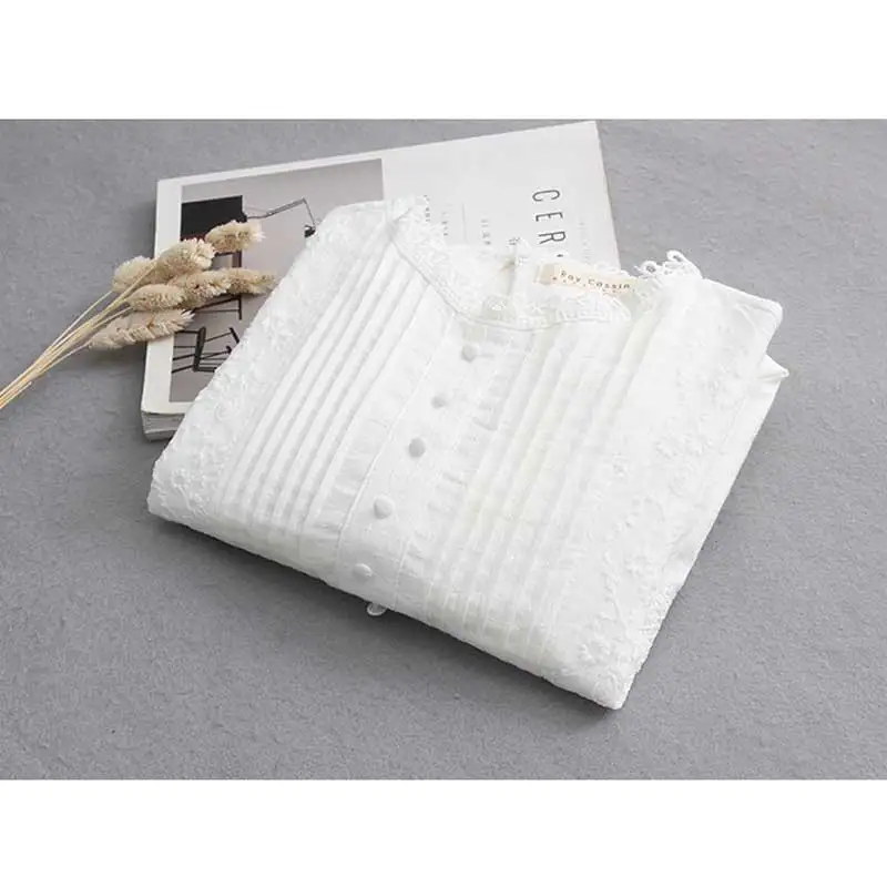 Women's Japanese Mori Girl White Embroidery Shirt, Spring, Summer, Long Lantern Sleeve, Cotton, Elegant Tops, Ladies Blouse