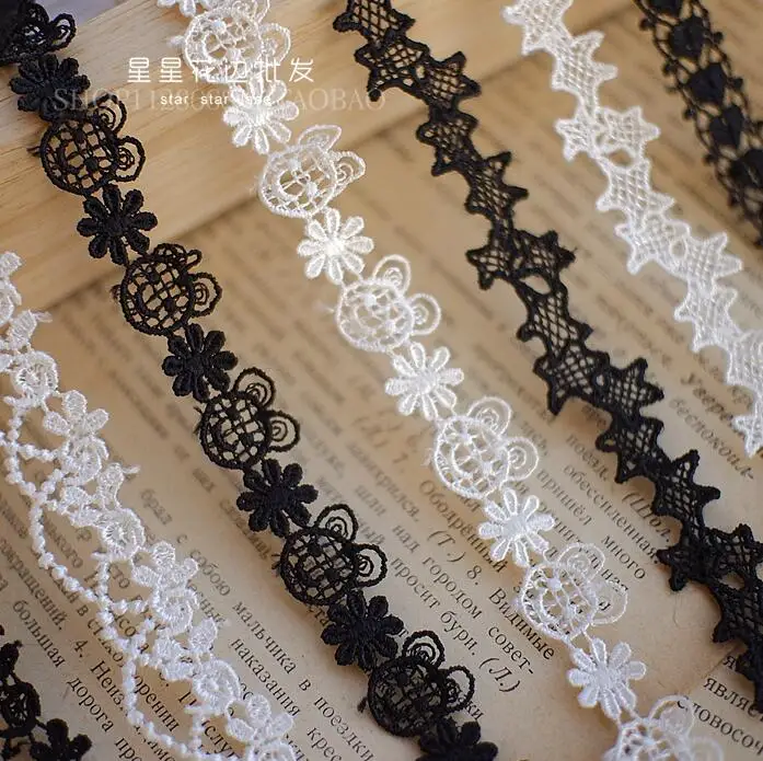 Elegant White and Black Floral Embroidered Lace Trim - 5 Yards