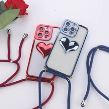 

Shockproof Lanyard 3D Gradient Love Heart Transparent Phone Case For iPhone 13 11 12 Pro Max Luxury Necklace Cord Colorful Cover