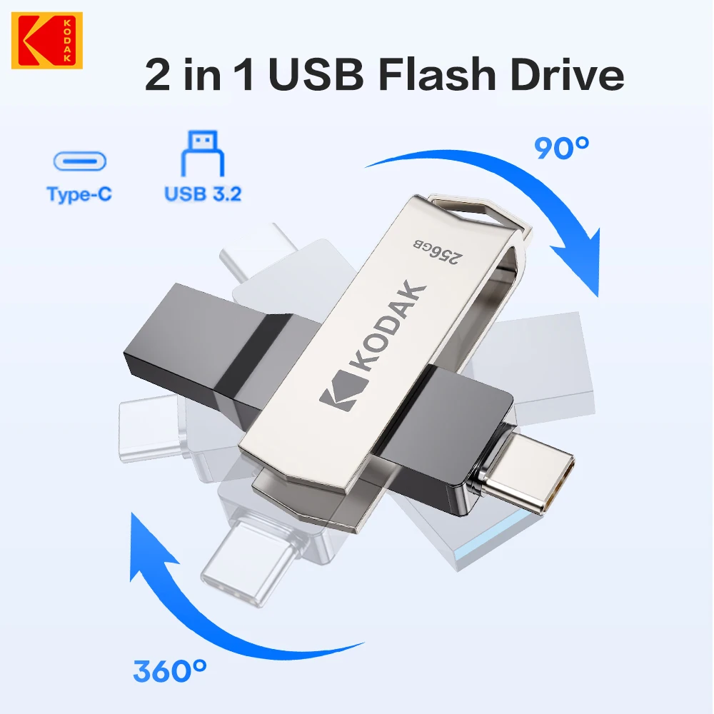 오리지널 코닥 K273 USB 3.2 타입-C 펜드라이브 256GB 128GB 64GB 32GB 듀얼 플래시 드라이브 고속 120MB/s 휴대폰/노트북용