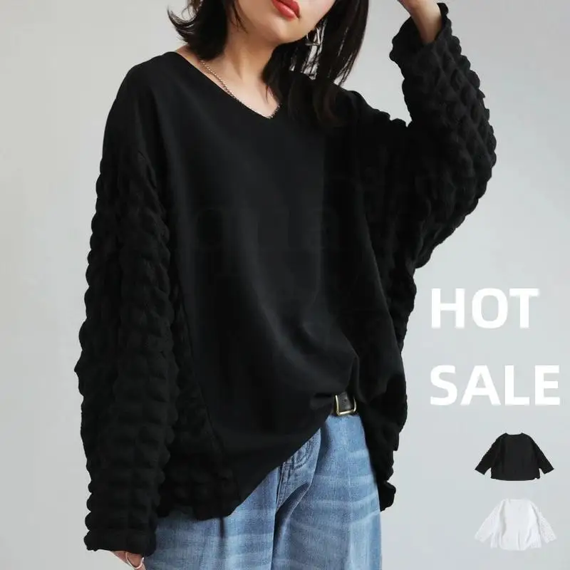 

Новинка 2023, Свободный пуловер с V-образным вырезом, топ с тиснением, с длинным рукавом, простая футболка с объемным рисунком попкорна