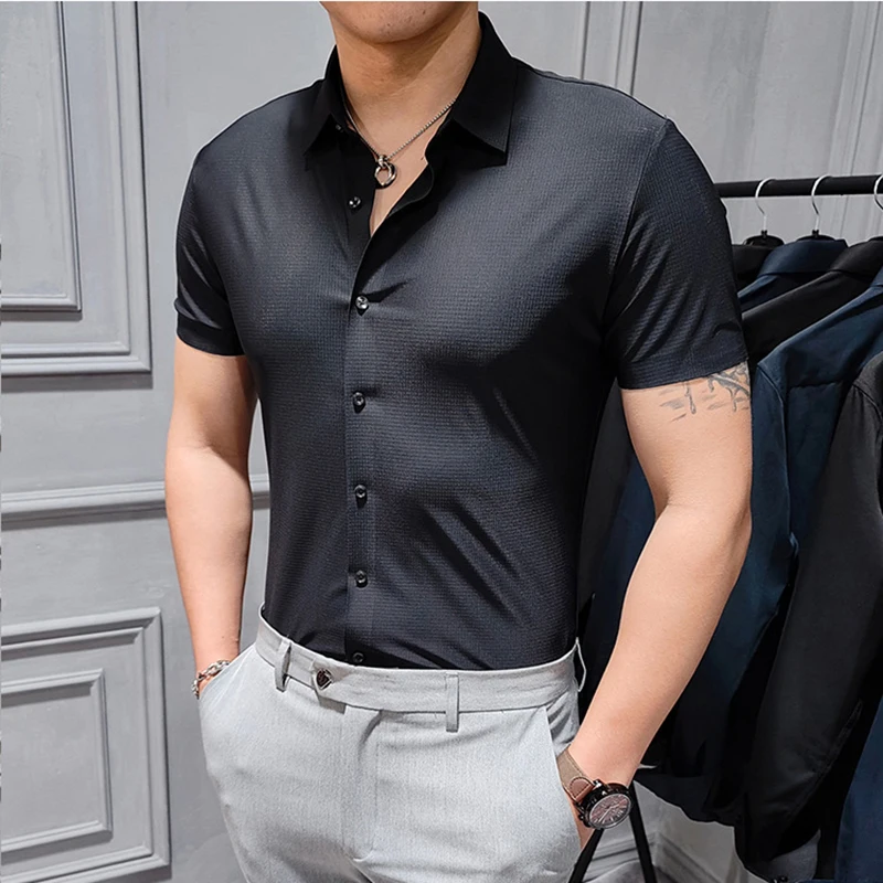 

Рубашка мужская стрейчевая с коротким рукавом, формальная сорочка с принтом вафель, не требует глажки, приталенный силуэт, офисная одежда, лето
