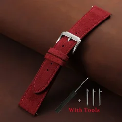 Universal Vintage Suede Leather Watch Strap with Quick Release and Tool - 22mm (Dark Red)