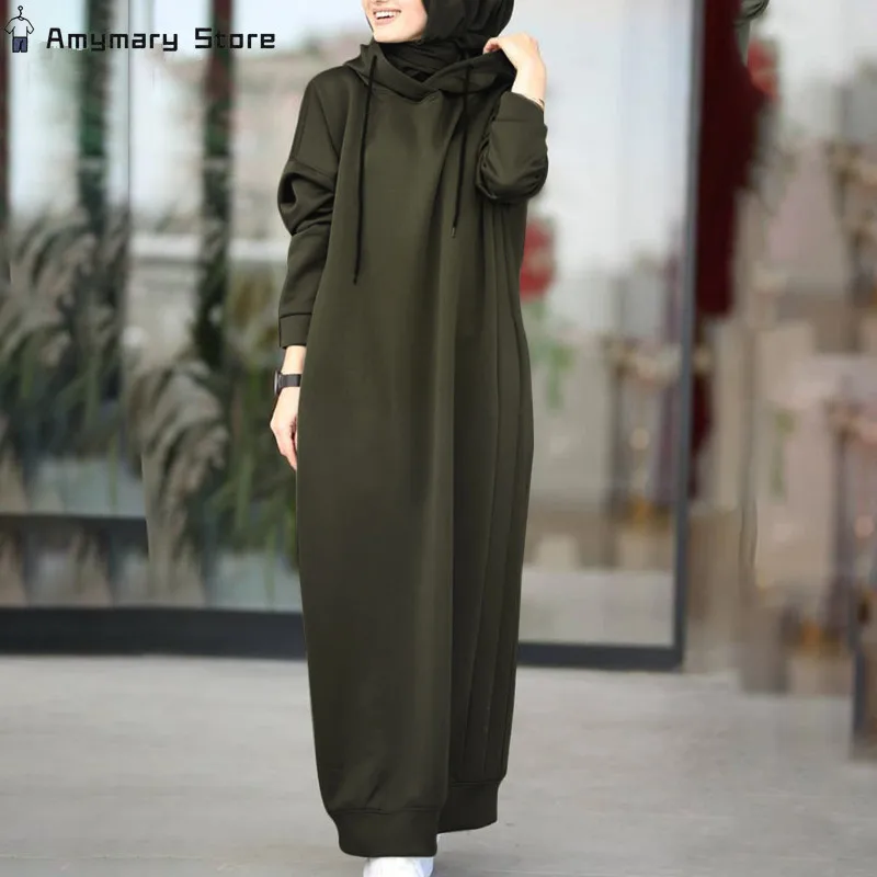 Muslim Long Sleeve Hoodie Dress Solid Color Casual Loose Pocket Long Robe Maxi Female Fashion Long Sweatshirt Vestidos