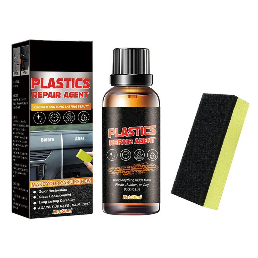 Car Interior Plastic Leather Restorer Refinishing Paste + Sponge Car Plastic Restorer Paint Black Shine Seal Brighten 50ml