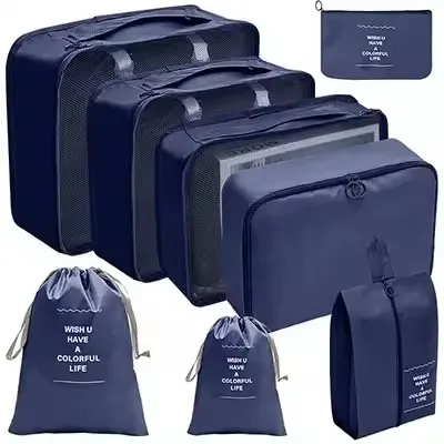 Waterproof Travel Packing Cubes Set with Drawstring Storage Pouches - 8-Piece Luggage Organizer for Clothes, Shoes, Underwear, and Cosmetics