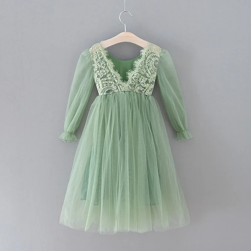 Girl Party Dresses Long Sleeves Sage Green Open Back Flower Girl Dresses  Prom Dresses Formal Clothes E0409