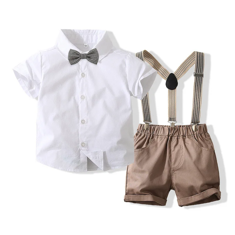 

Джентльменские комплекты одежды для маленьких мальчиков, рубашка с бантом и коротким рукавом + шорты на бретелях, официальная одежда для маленьких мальчиков