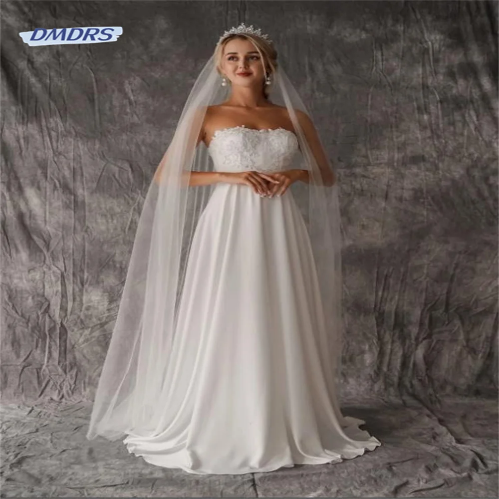 

Elegant Strapless Lace Wedding Dress Romantic Sleeveless Floor-length Bridal Gown Simple Vestidos De Novia