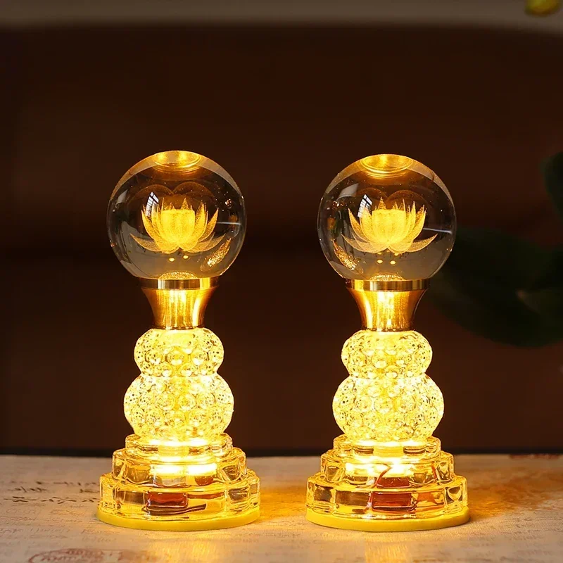 Household LED Crystal Lotus Lamp, Buddhist Decorative Accessories, Seven Color Buddha Supply Lamps, Prayer, Feng Shui, Plug-in