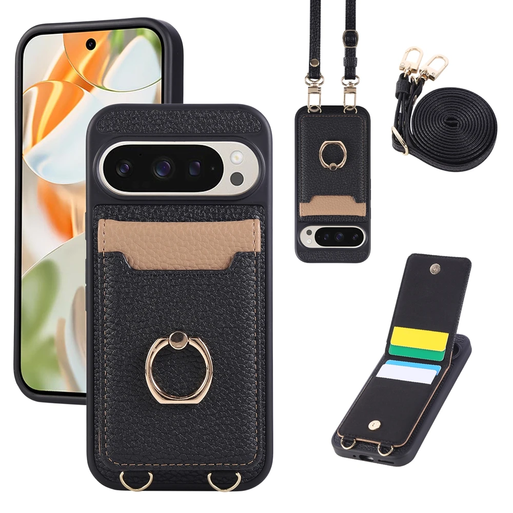 Premium Crossbody Leather Phone Case with Ring Bracket, Card Holder, and Lanyard Strap
