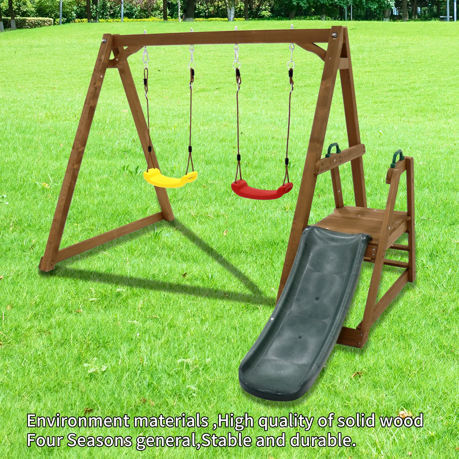 Wood Swing Set for Backyard, 2 in 1 Outdoor Swing Set with Slide, Climbing Rope Ladder Kids Backyard Playset 3