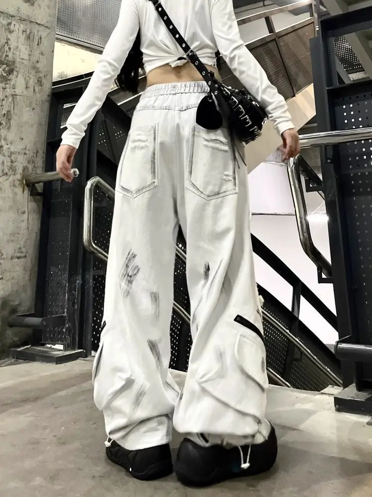 Y2K 2000S White Graffiti Ripped Baggy Stacked Cargo Jeans Pants