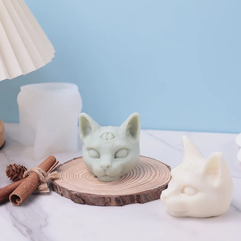 Three Eyes Cat Head Silicone Candle Mold 3D Animal Soap Plaster Resin Decorative Crafts Making Kit DIY Chocolate Ice Baking Mold