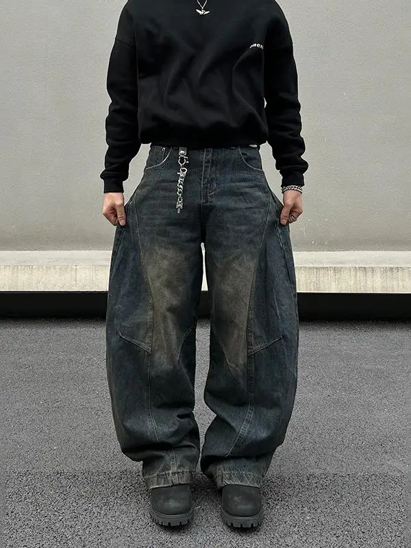 American High Street Baggy Silhouette Deep Blue Curved Knife Jeans Men's Waed Retro Banana Wide Leg Casual Scythe Pants