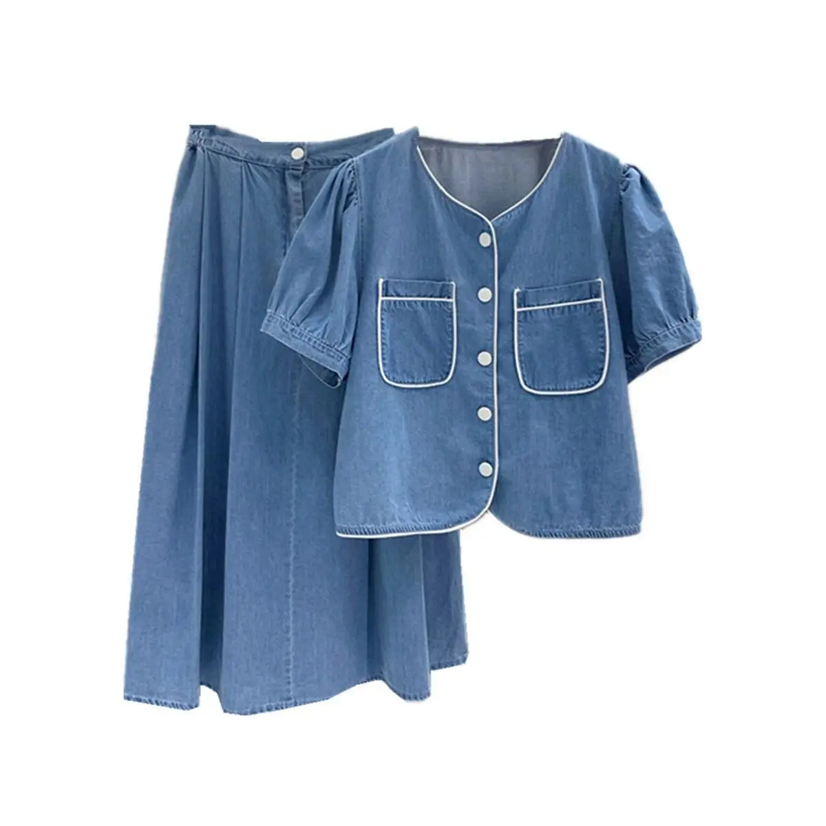 Large Size Women's Denim Top Set 2024 Summer New Style Style Explosive Street Slimming Denim Dress Two-piece Set for Women