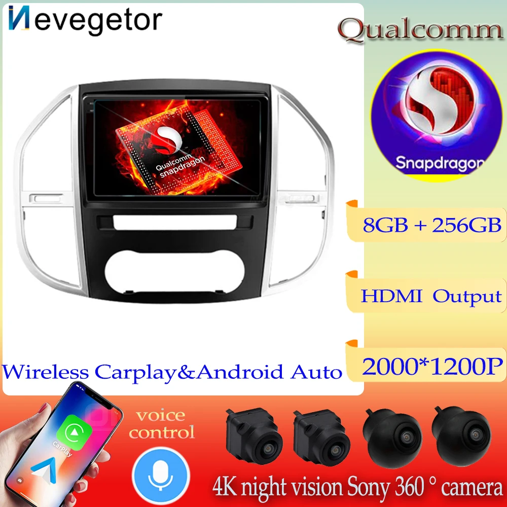

Автомобильный видеоплеер Android 13 Qualcomm, мультимедийный плеер для Mercedes Benz Vito 3 Metris 2016-2020, оптический GPS Carplay, стерео 2 Din