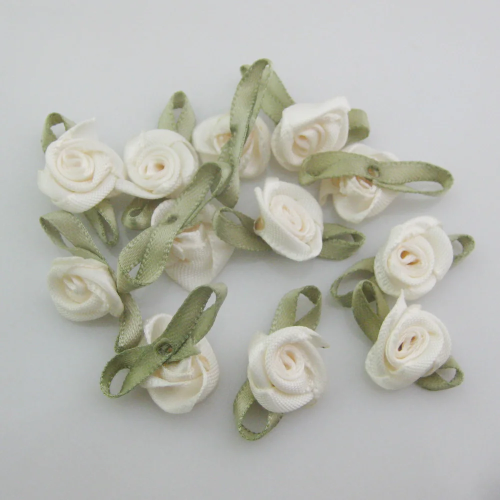 Vibrant Fabric Ribbon Rose Rosettes with Leaf - Set of 50 Flower Embellishments for DIY Crafts & Sewing Supplies