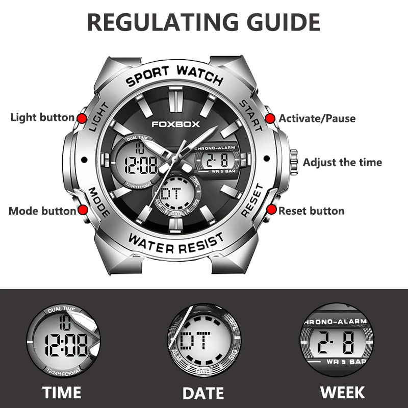 FOXBOX Luxury Fashion Sport Men's Wrist Watch Digital Waterproof Quartz Chronograph Silicone Strap Clock Male Relogio Masculino