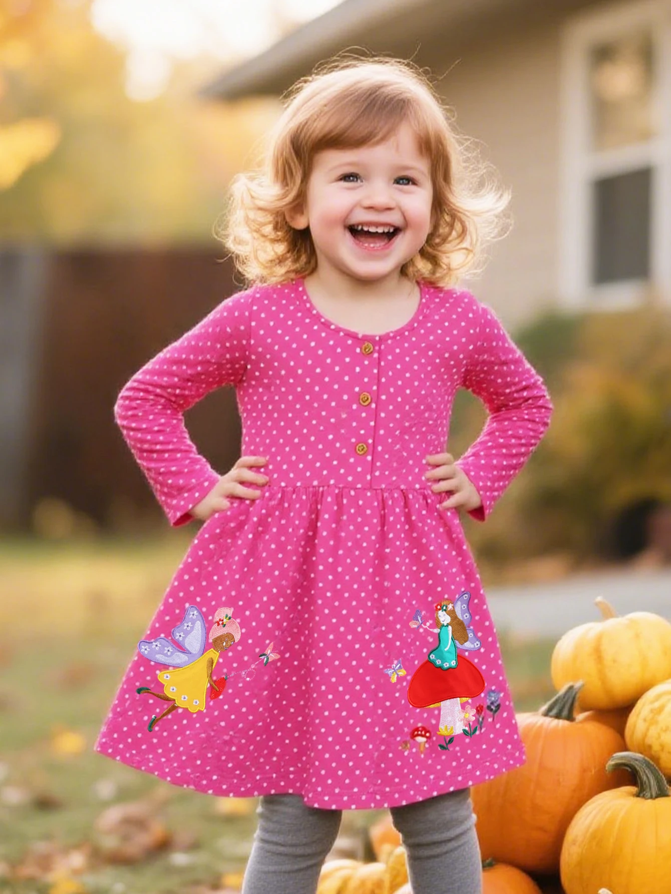 فستان بناتي قطني بأكمام طويلة ورقبة دائرية منقط على شكل فراشة كرتونية مطرزة في الهواء الطلق وحفلات المهرجانات الترفيهية