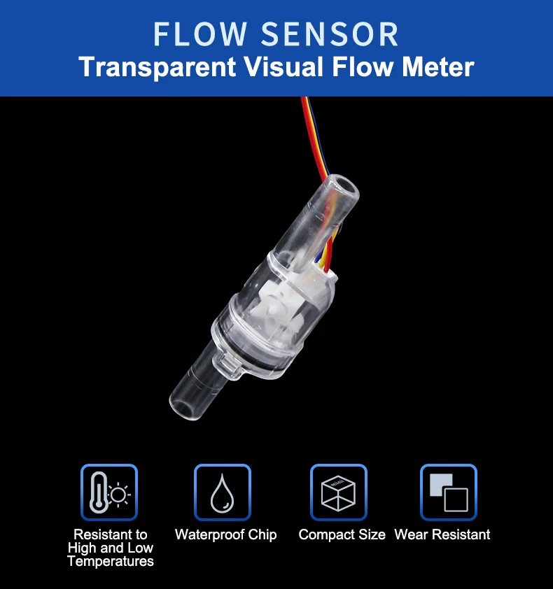 Hall Effect Mini Water Flow Sensor TM02 TM03 Pulse Output 3.5‑24V Transparent Qu