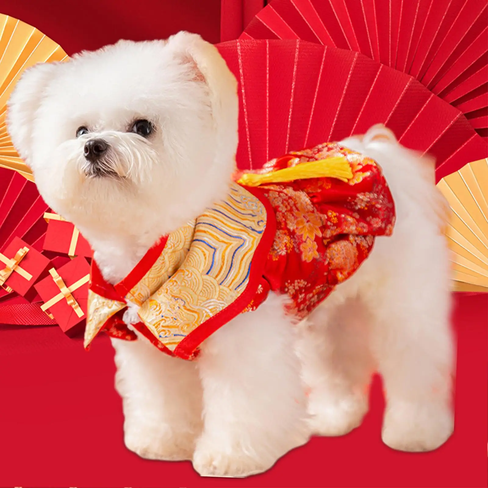 New Year Dog Costume Dress Tassel Dog Cheongsam Qipao Dog Tang Suit Dog Vest for Small Dogs Puppy Cats Holiday Chinese New Year